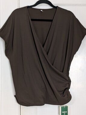 NWT Halara V Neck Dark Brown Cap Sleeve Crossover Ruched Blouse Women's Size XL